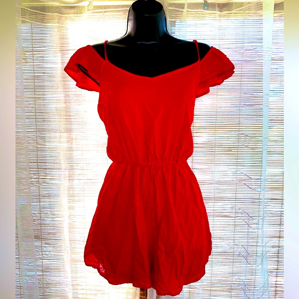 Red Cami/Off Shoulder Romper w/Pockets